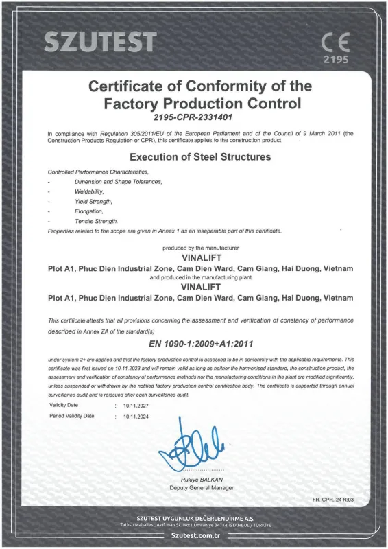 EN 1090-1: 2009+ A1: 2011 certificate