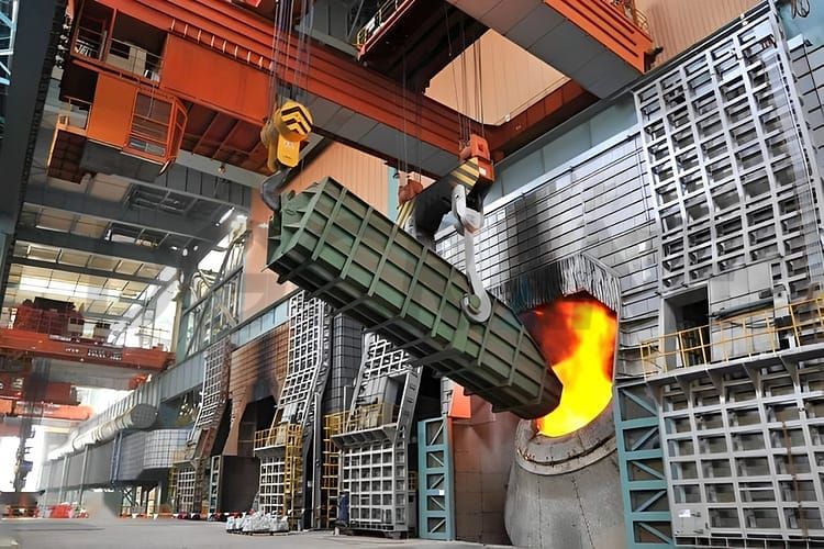 Cận cảnh cầu trục nạp liệu đang cẩu gầu phế liệu đưa vào lò 